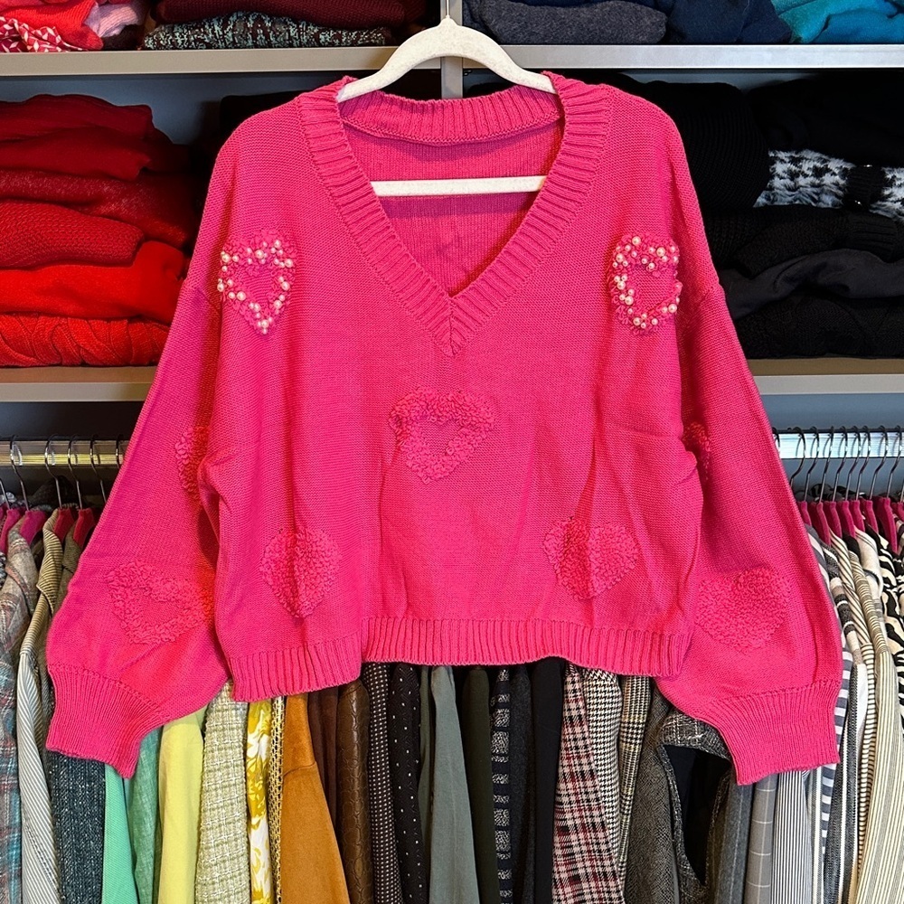 SHEIN pink long sleeve heart with pearl detail v neck sweater size L
